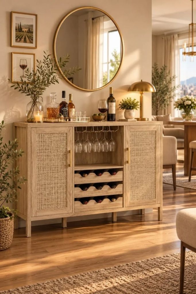 Cane bar cabinet with elegant glassware