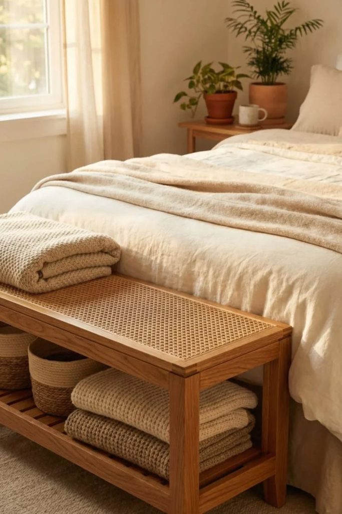 Cane bedroom bench with padded linen seat