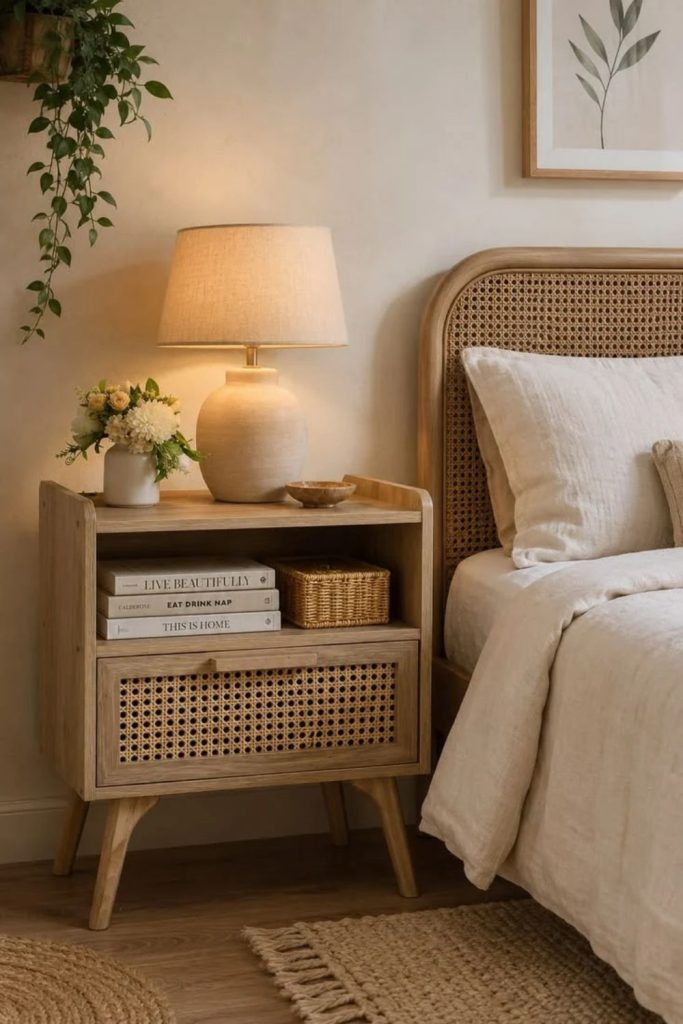 Cane bedside nightstand with woven drawer fronts