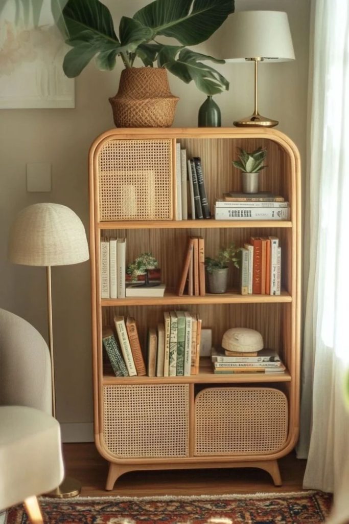 Cane bookshelf with open wooden shelving