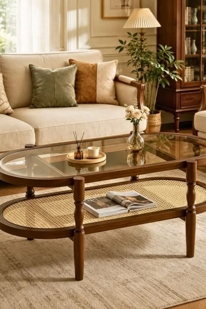Cane coffee table with transparent glass top