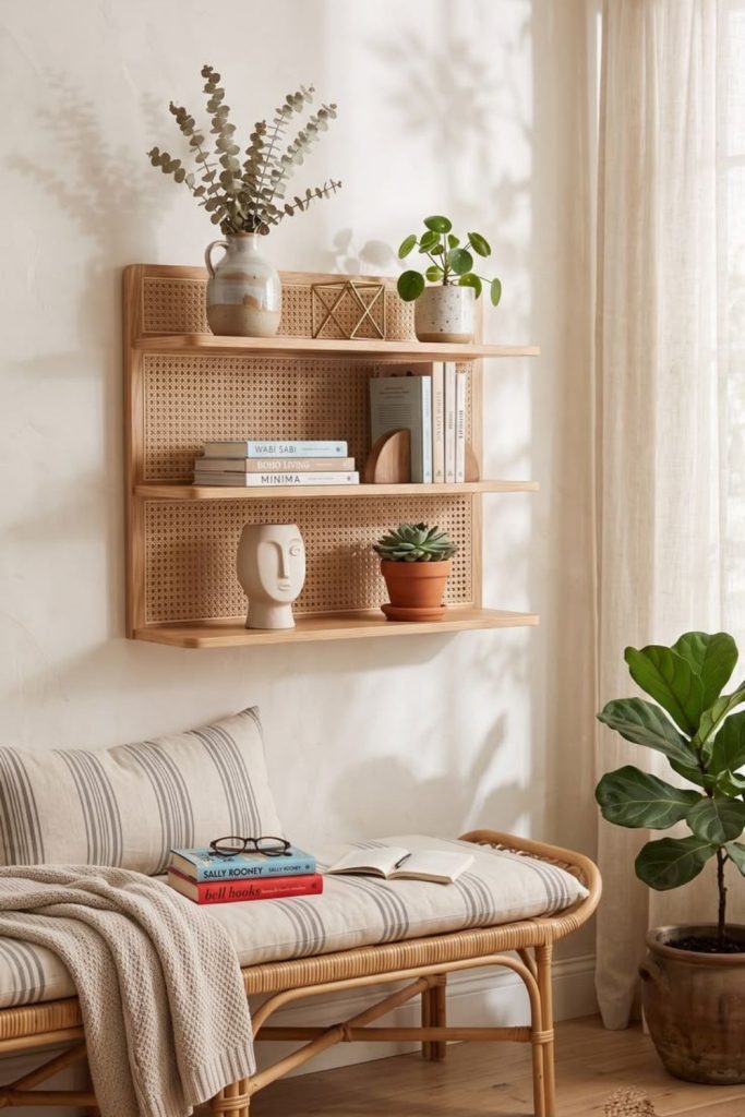 Cane floating wall shelf with decorative accents