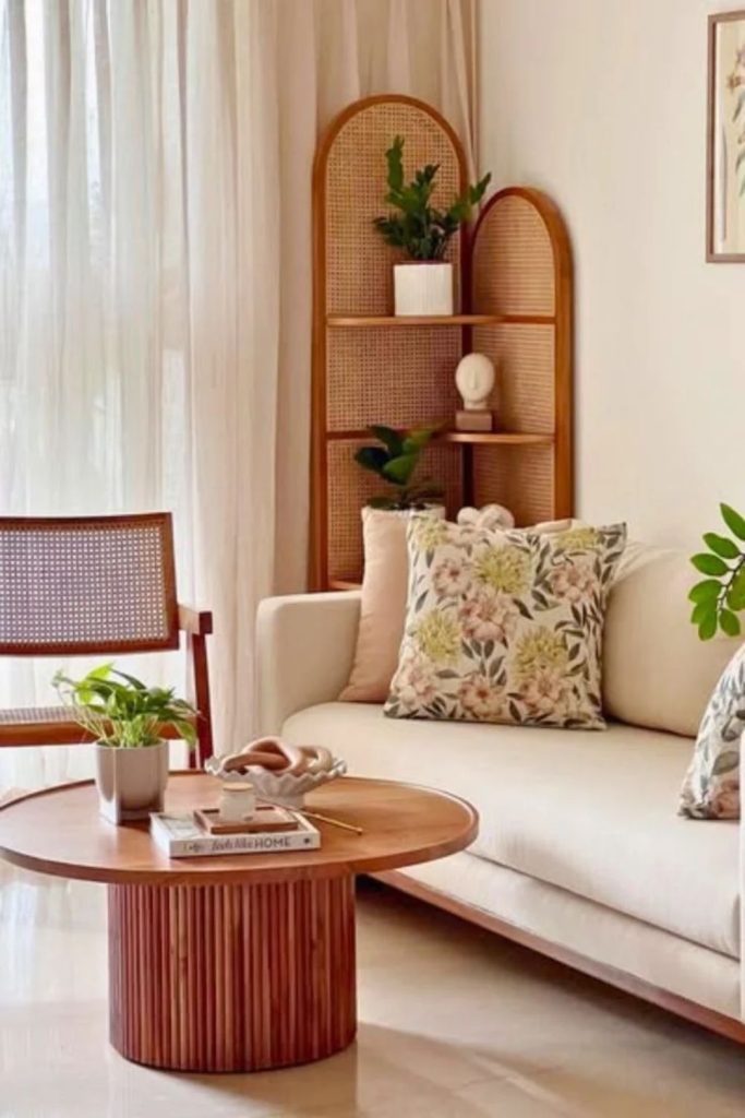 Cane furniture with warm terracotta decorative accents