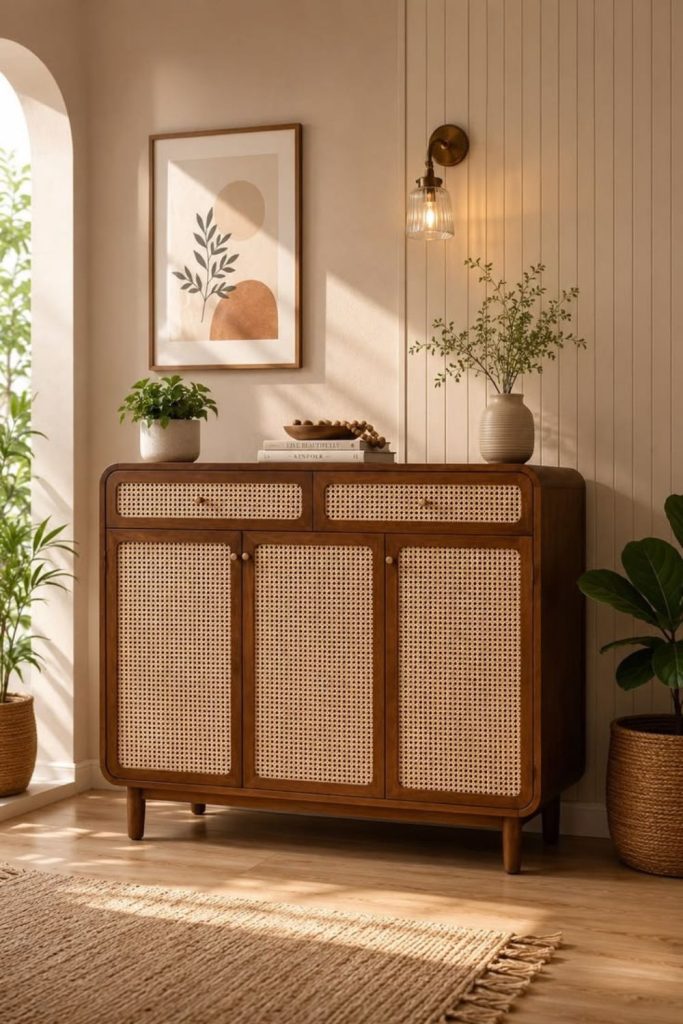 Cane hallway storage cabinet with woven doors