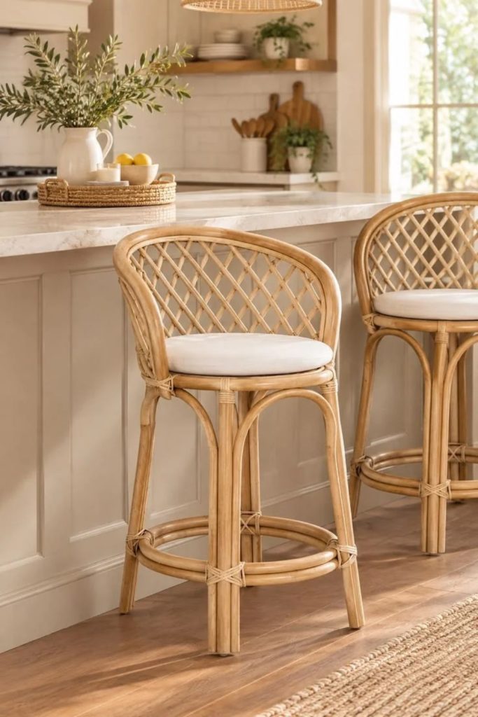 Cane kitchen island stools with woven seats