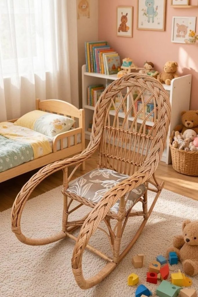 Cane nursery rocking chair with soft cushions