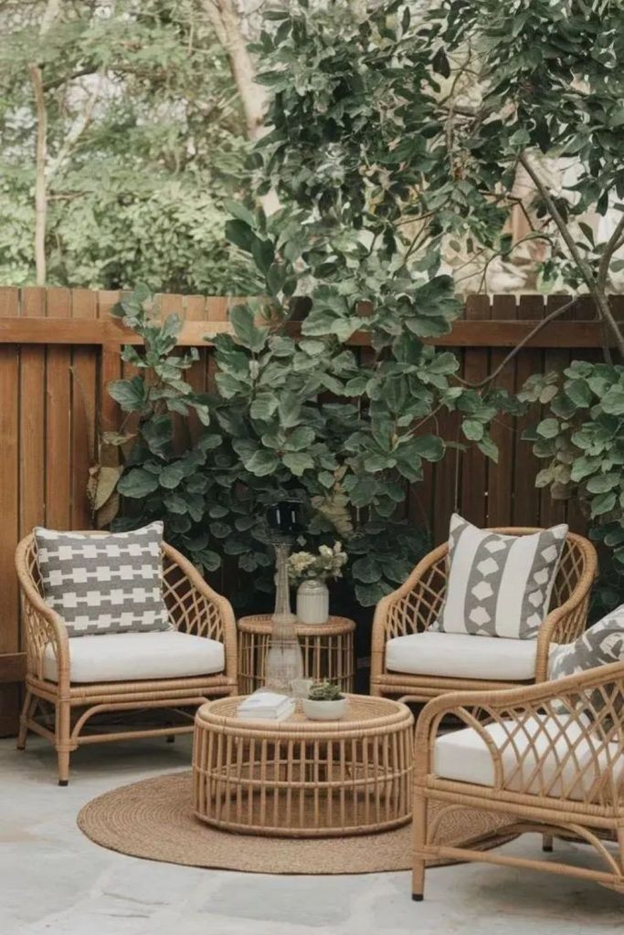 Cane outdoor patio chairs with neutral cushions