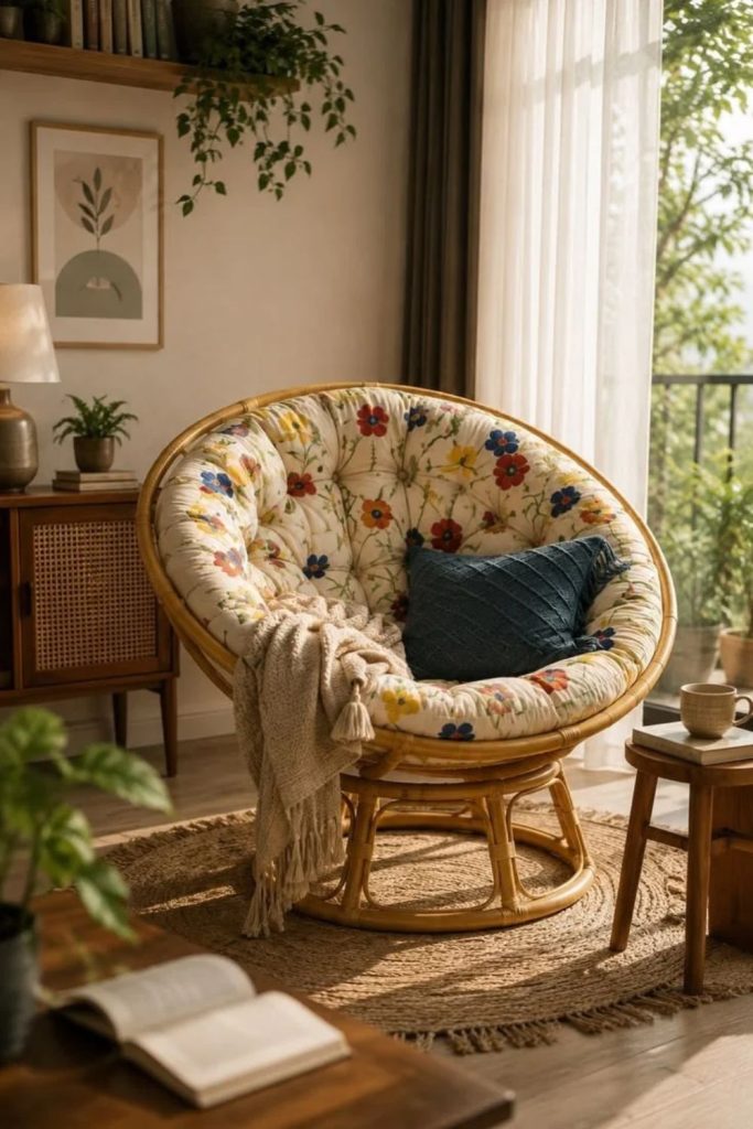 Cane papasan lounge chair with round cushion
