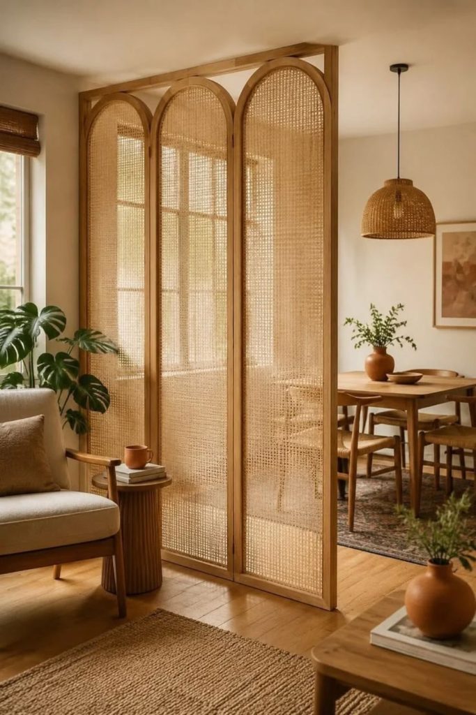 Cane room divider screen with woven panels