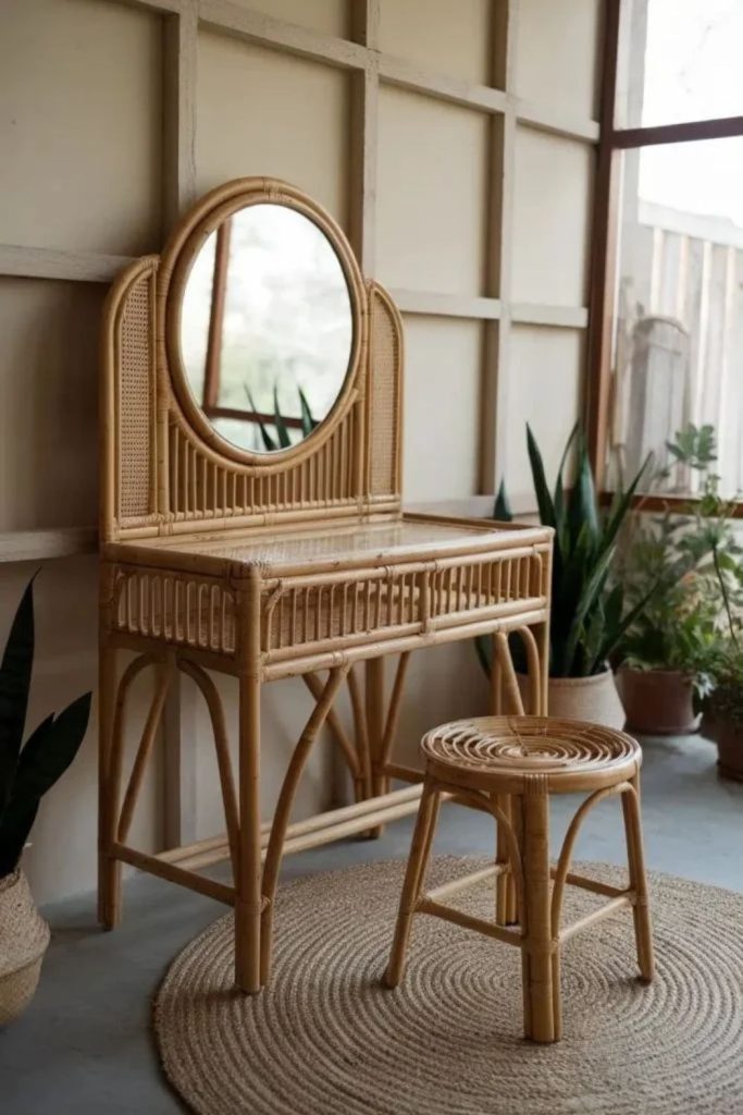 Cane vanity stool with curved wooden legs