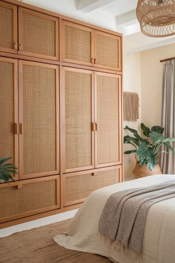 Cane wardrobe featuring elegant woven doors