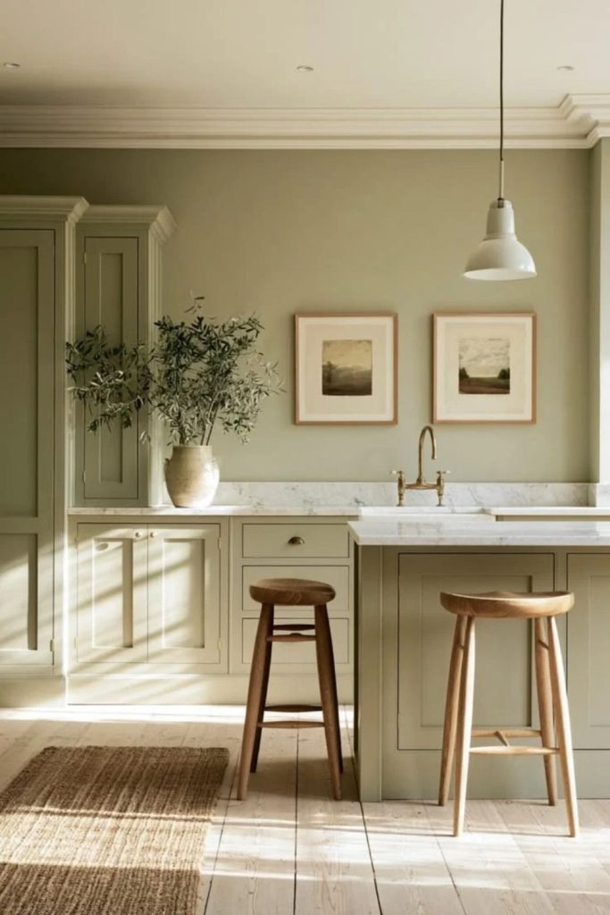 Celery green vintage colour drenched kitchen.
