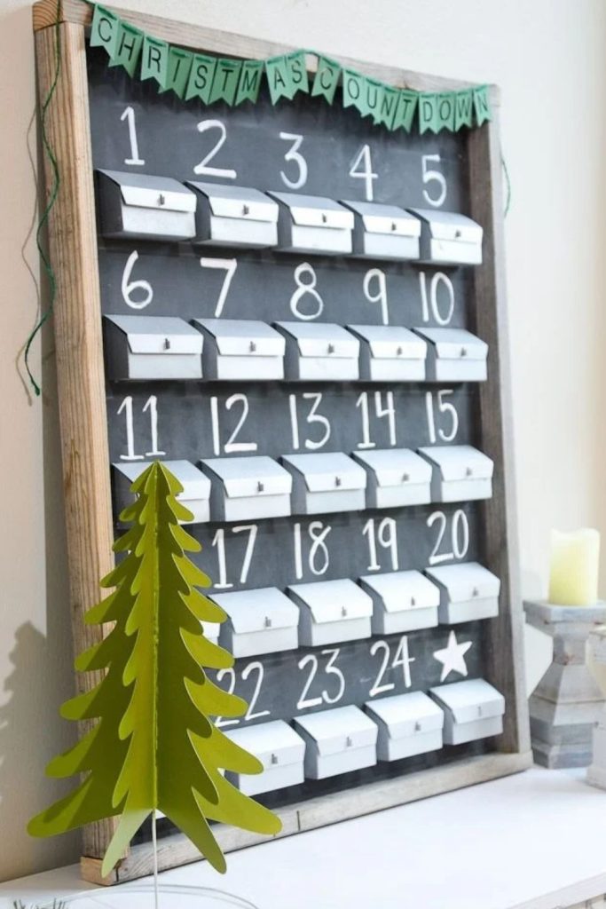 Chalkboard Christmas advent calendar with messages.