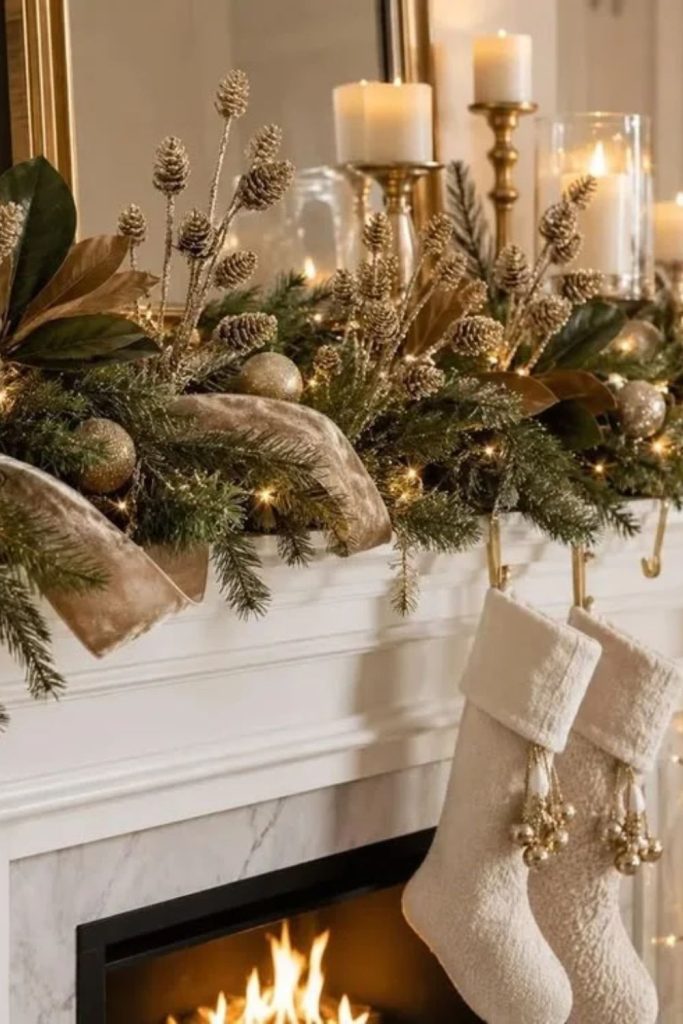 Champagne frosted garland with elegant accents.