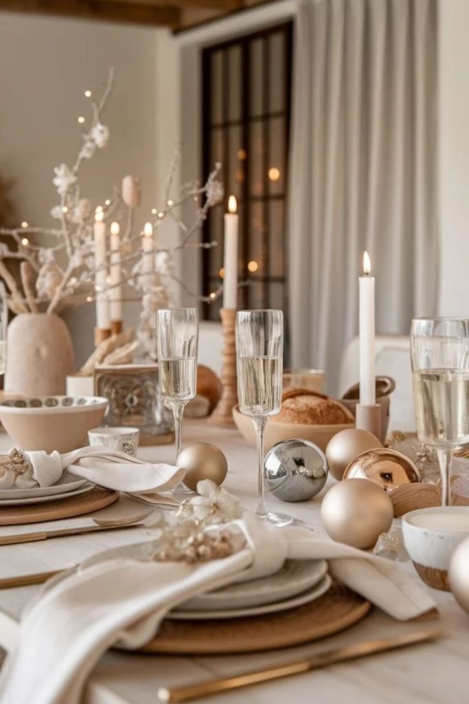 Elegant champagne and ivory Christmas dining decor.
