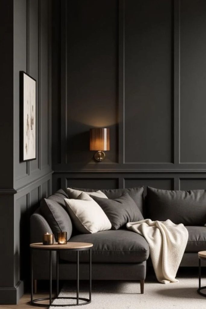 Charcoal modern colour drenched den interior.