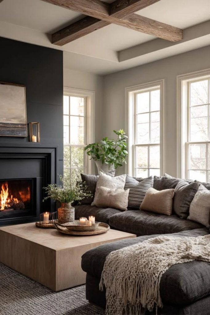 Charcoal cream living room with stove.