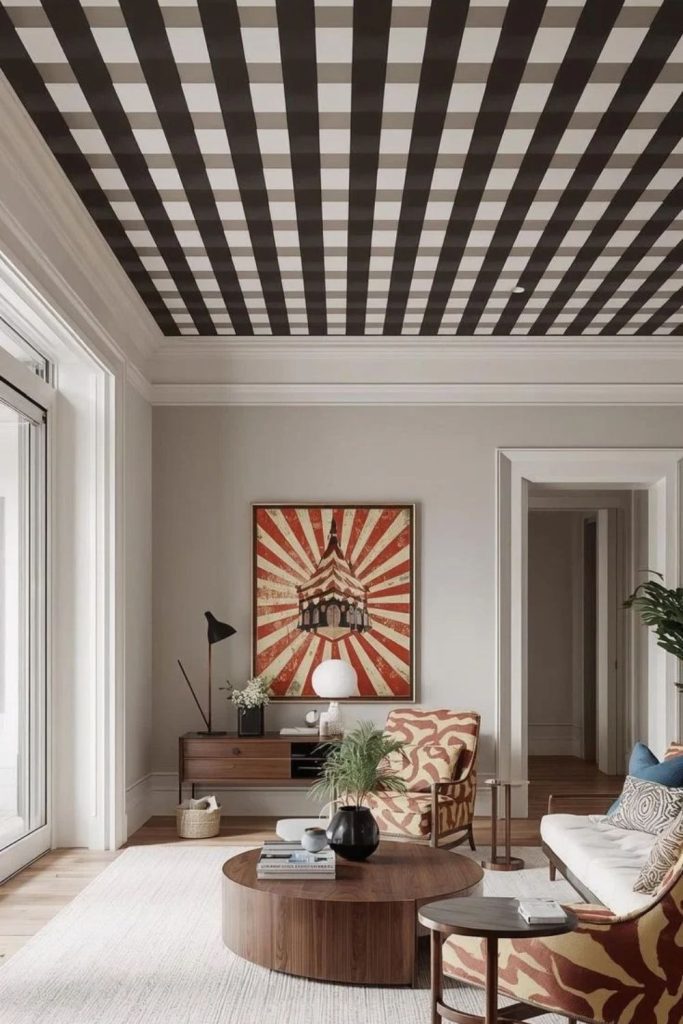 Checkerboard statement ceiling with bold geometry.