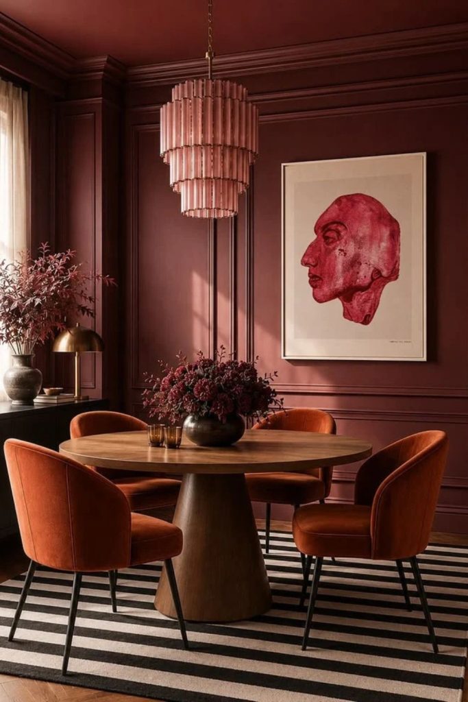 Cherry red playful colour drenched breakfast nook.