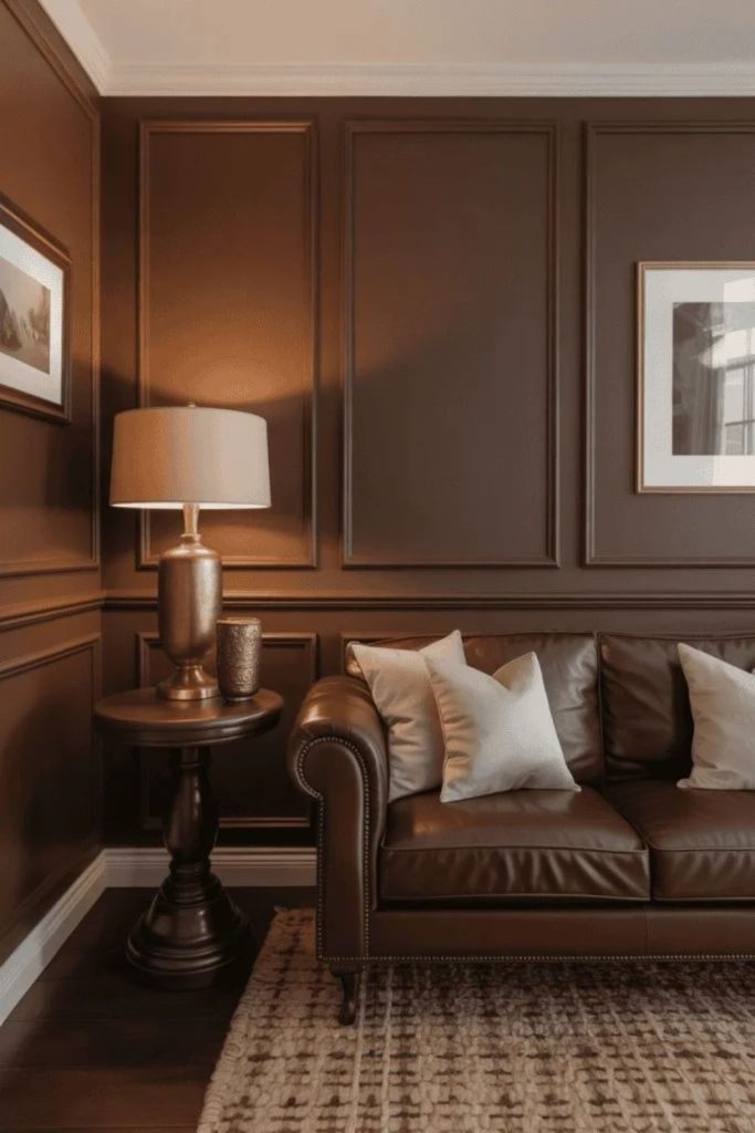 Chocolate brown cozy colour drenched lounge.