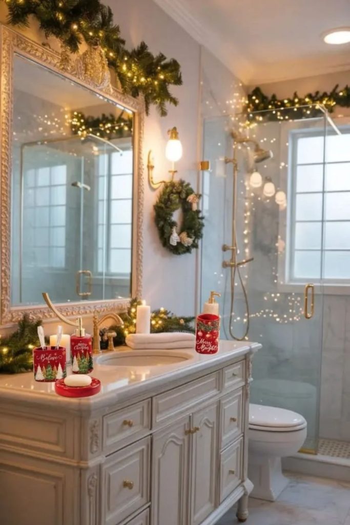 Cozy Christmas bathroom candles with warm glowing light.