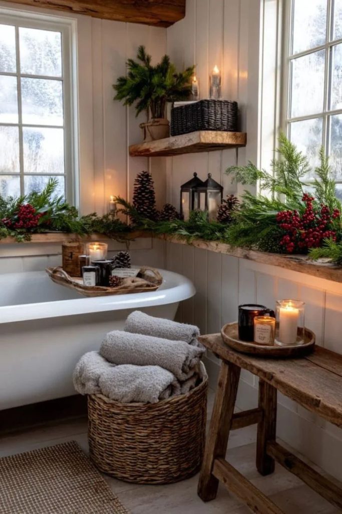 Christmas wreath and snowflake bathroom window decorations.