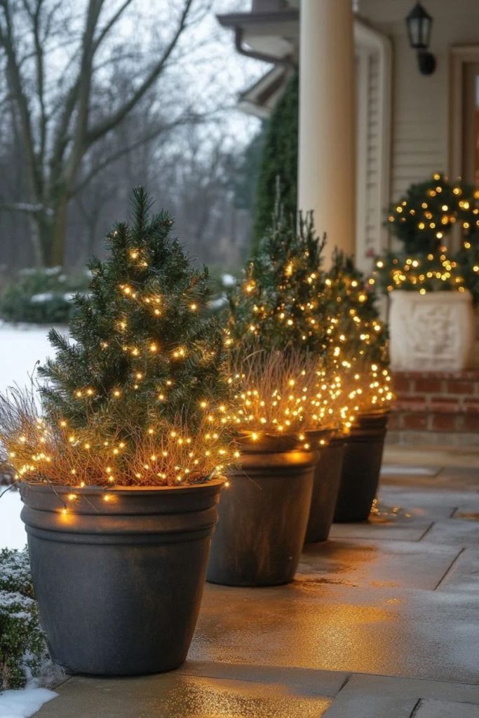 Outdoor planters decorated with sparkling Christmas lights.