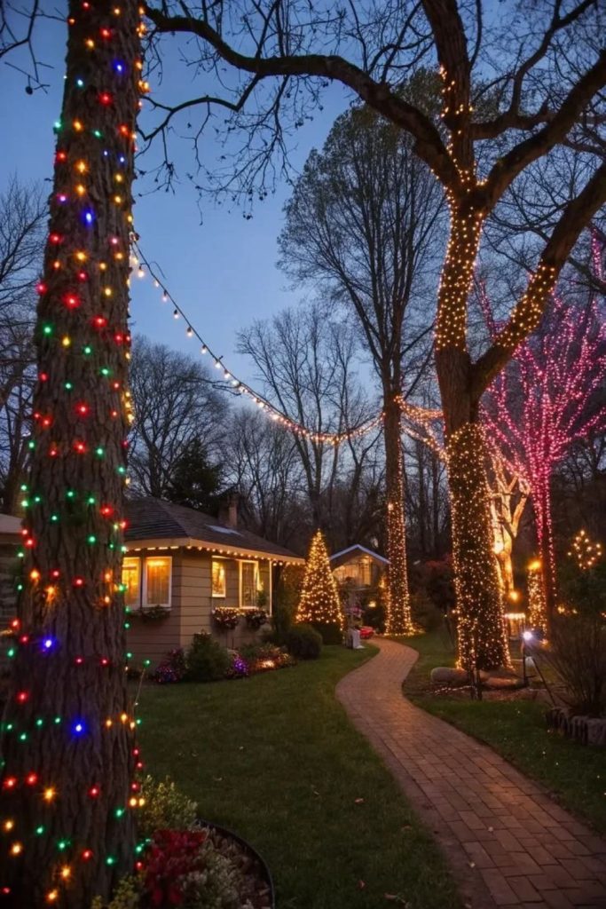 Cascading fairy lights wrapped around outdoor trees.