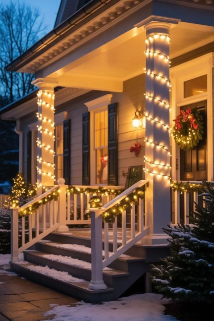 Porch columns wrapped with festive Christmas lights.