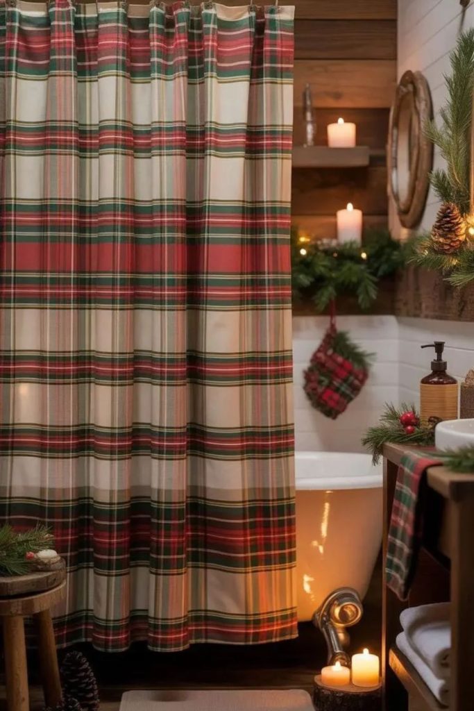 Red plaid towels with farmhouse Christmas bathroom accents.