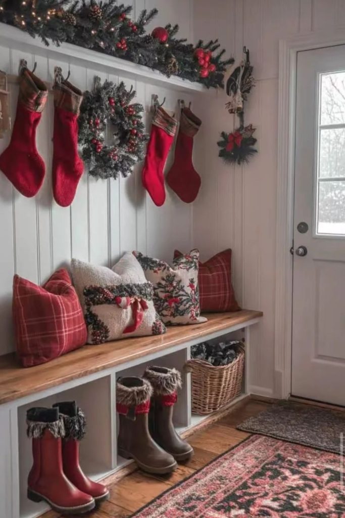 Christmas Stockings Hanging Along Festive Hallway
