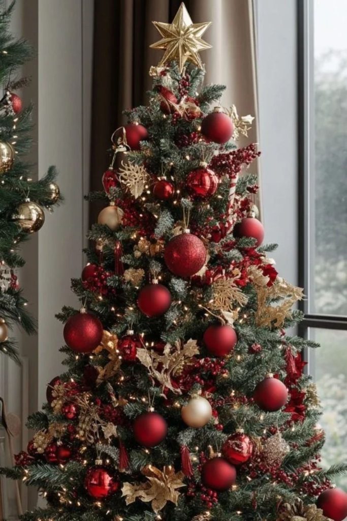 Classic red and gold Christmas tree decorations.