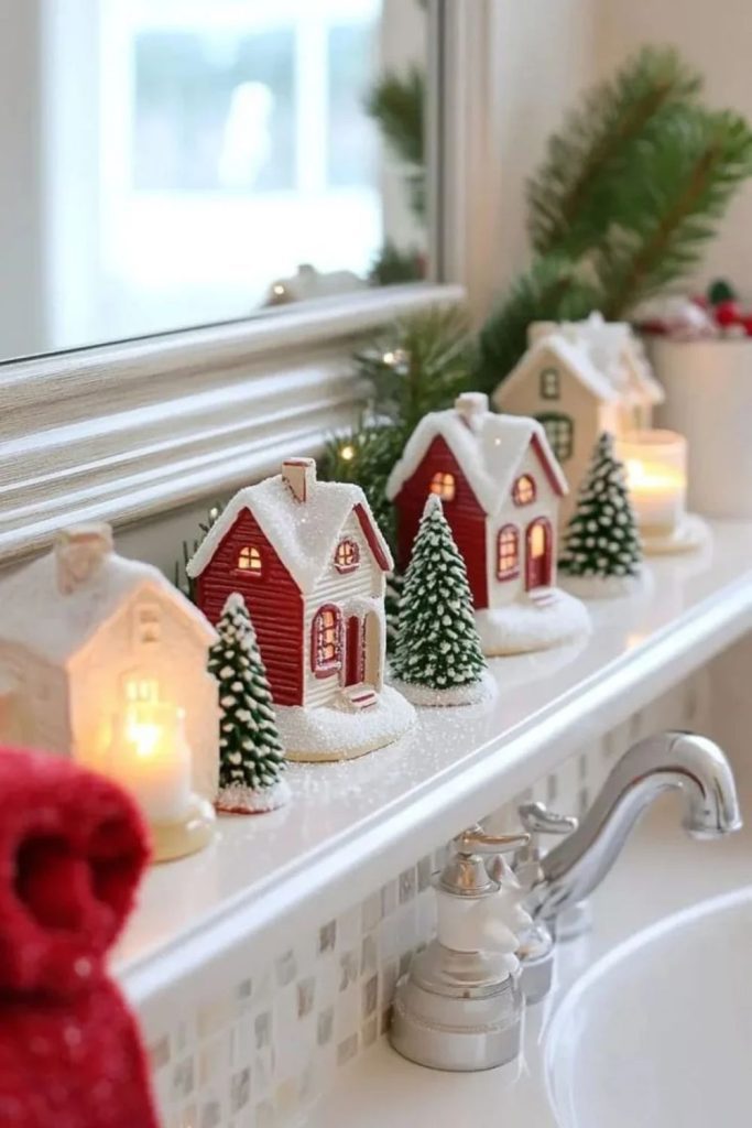 Miniature Christmas village displayed on bathroom shelf.