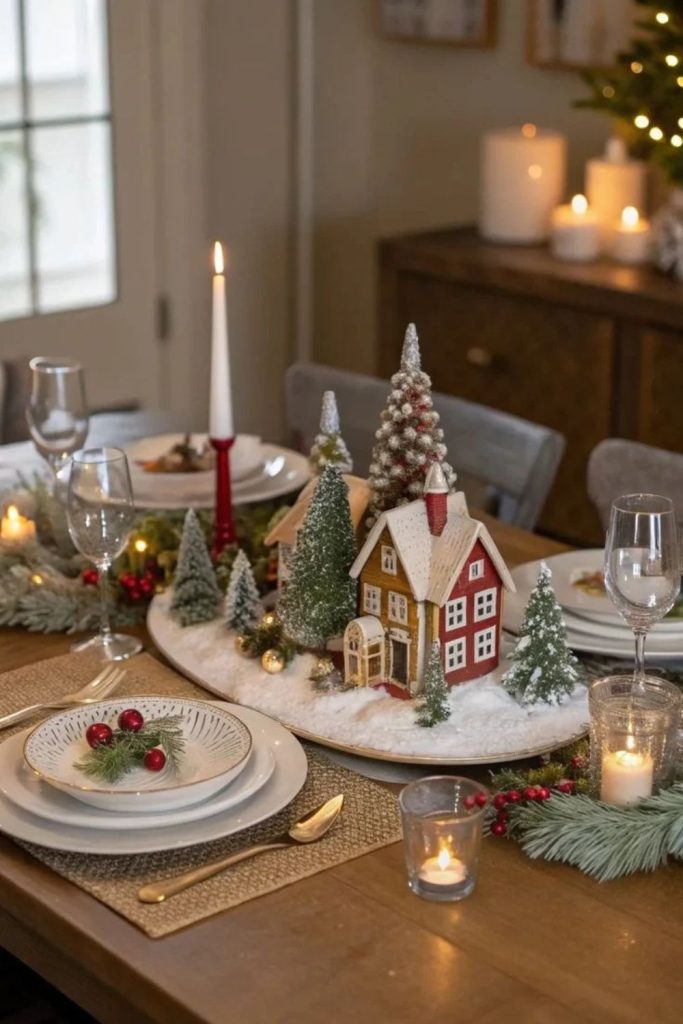 Christmas village centerpiece on festive dining table.