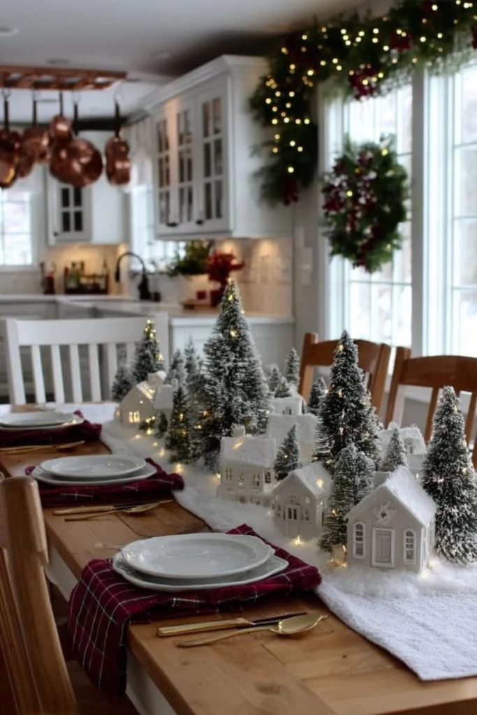Charming miniature Christmas village dining room display.