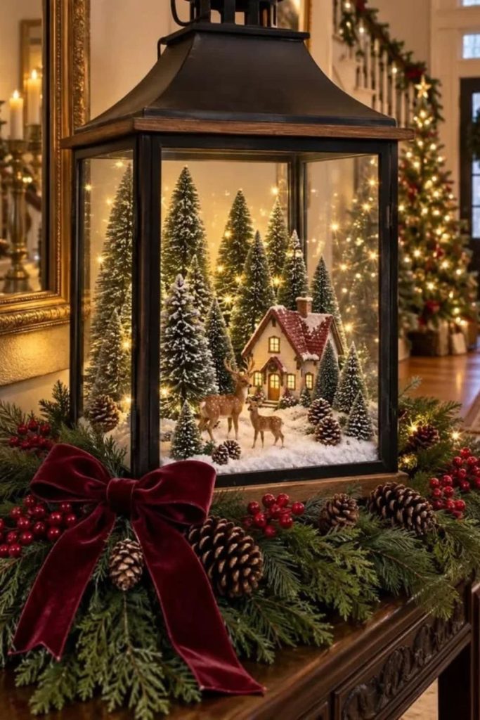 Miniature Christmas village inside decorative lantern.