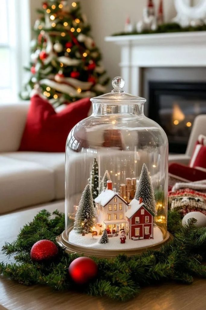 Miniature Christmas village beneath glass cloche.