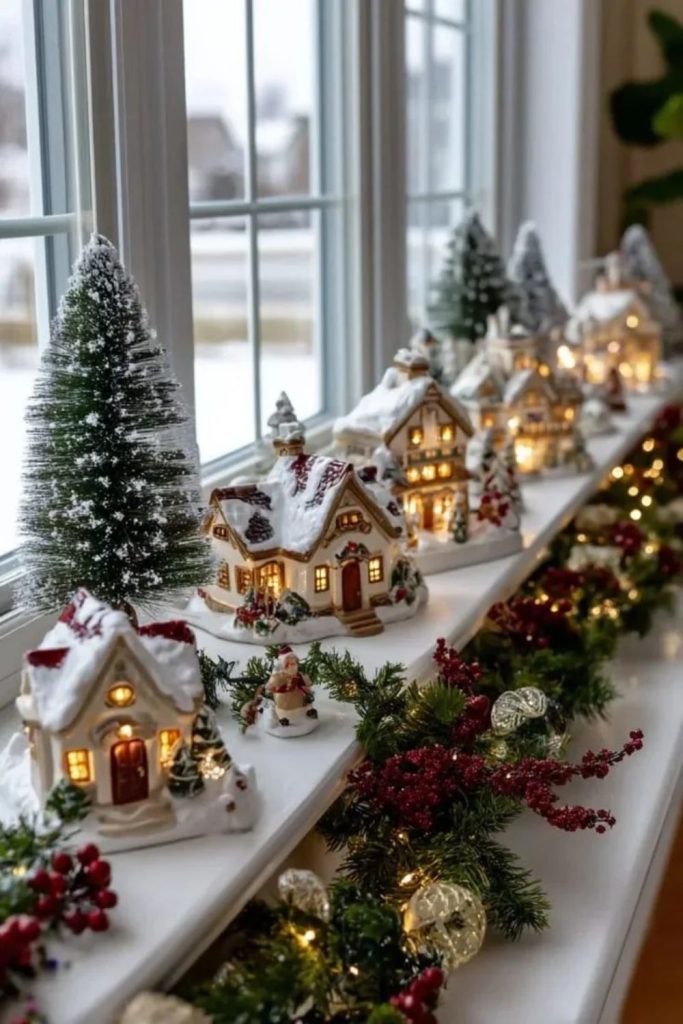 Christmas village displayed across festive windowsill.