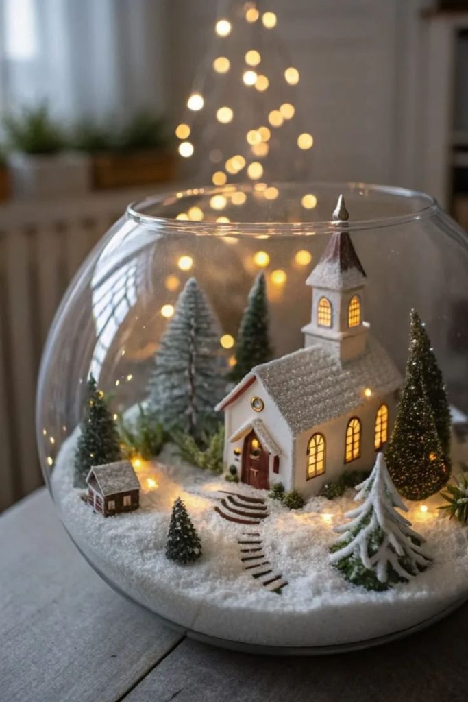 Miniature Christmas village inside transparent glass bowl.