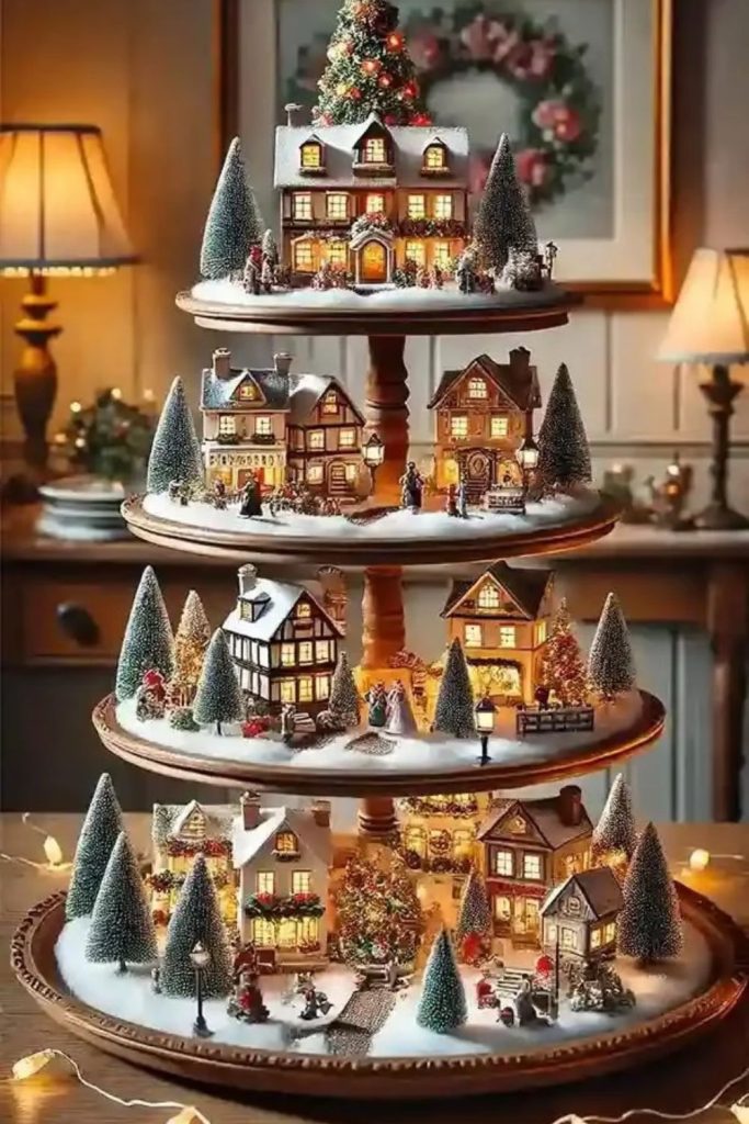 Rustic Christmas village displayed inside wooden crate.
