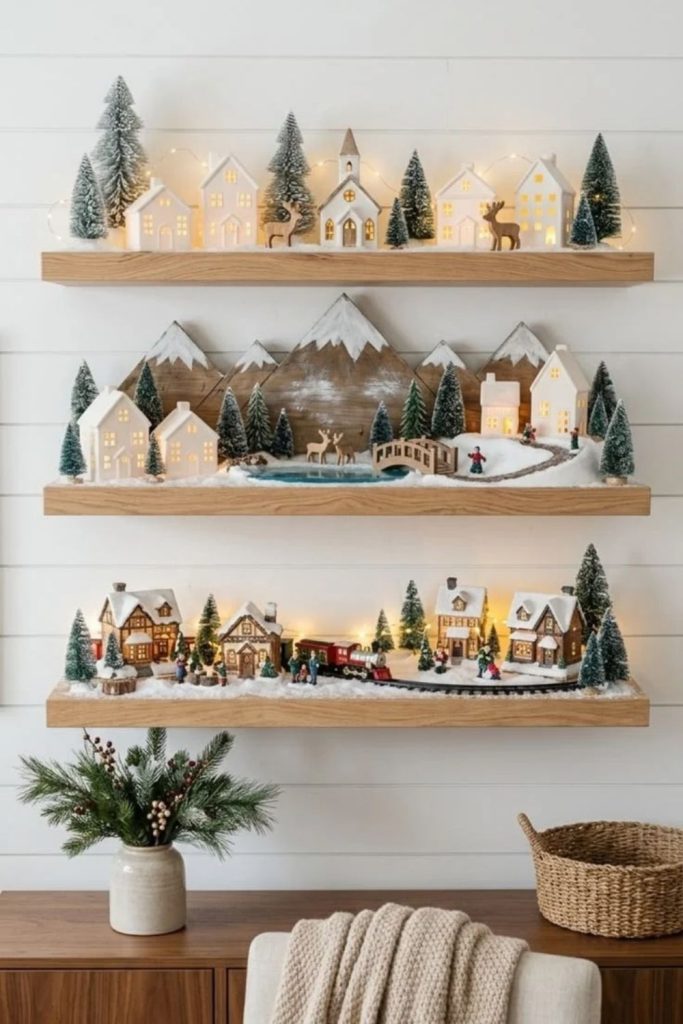 Festive Christmas village arranged on floating shelves.