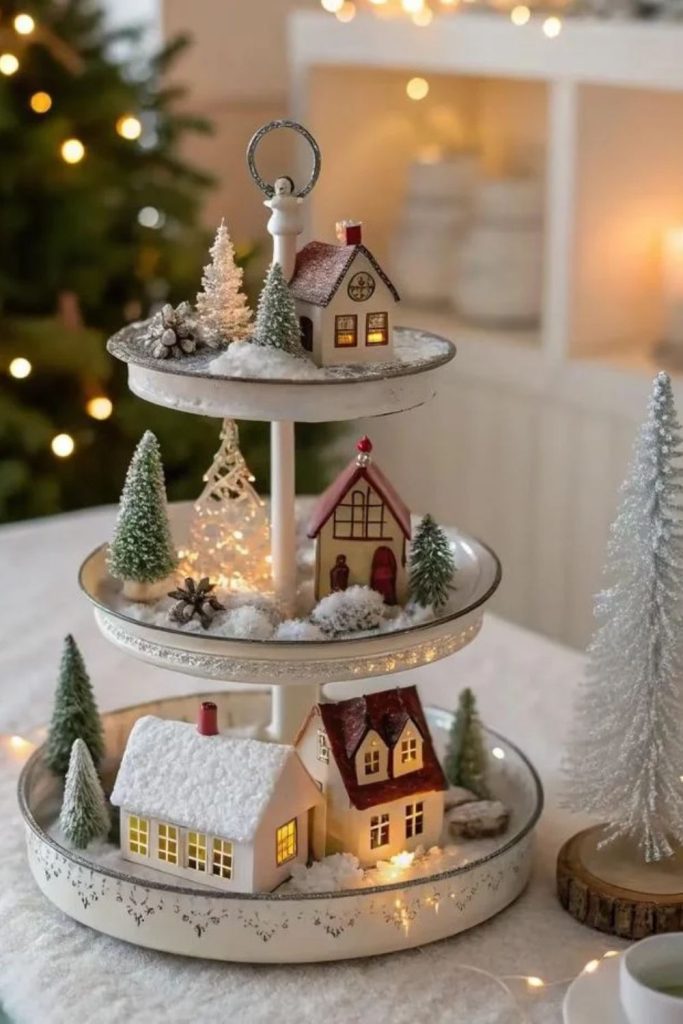 Tiered Christmas village with miniature snowy houses.