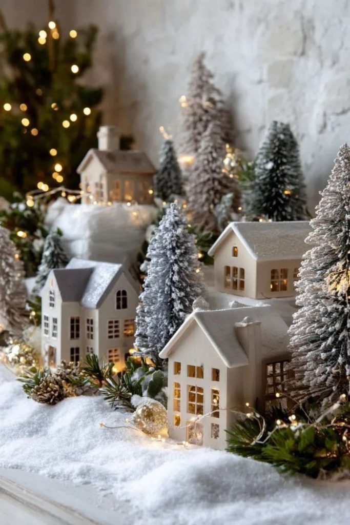 Christmas village decorated with colorful bottlebrush trees.