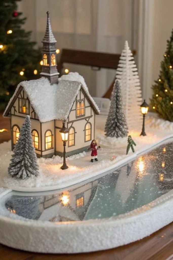 Christmas village featuring illuminated miniature church.