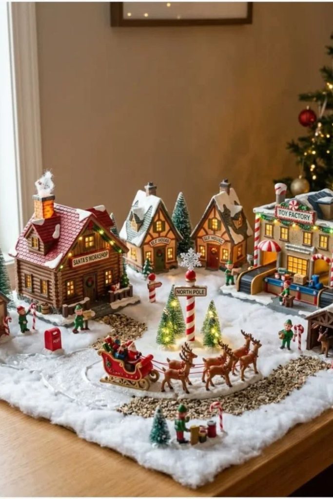 Santa workshop Christmas village with miniature elves.
