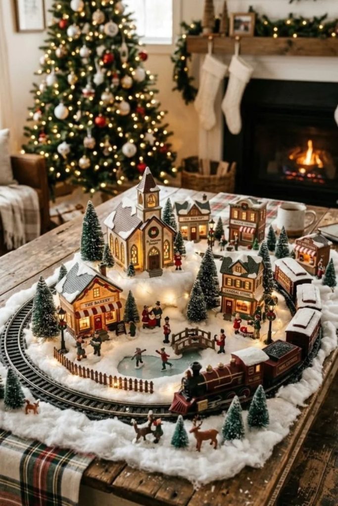 Christmas village featuring miniature holiday train.