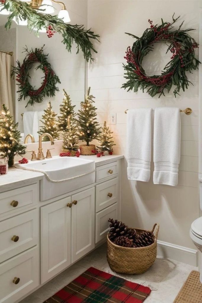 Evergreen Christmas wreath hanging above bathroom toilet.