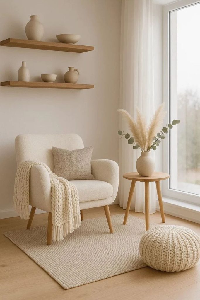 Chunky knit blankets in cozy hygge living room.