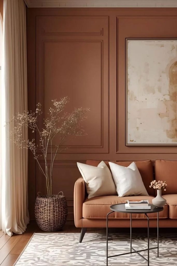 Cinnamon brown cozy colour drenched sitting room.