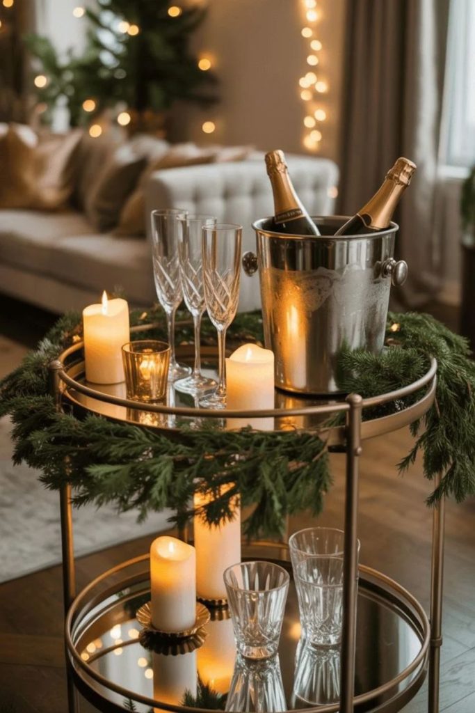 Classic Christmas bar cart with elegant greenery.